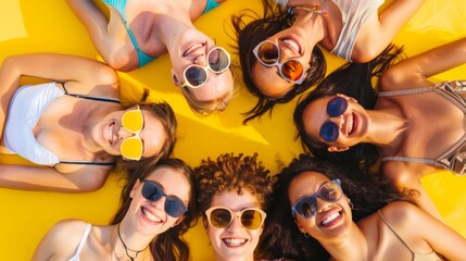 High-spirited Gen Z friends bask in the summer glow, cheerfully gathered on a yellow float, capturing the essence of youthful enjoyment and sunny leisure.