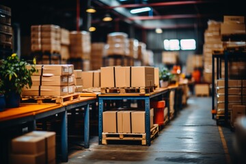A warehouse filled with neatly stacked boxes and pallets, offering an ideal setting for showcasing logistics and storage concepts.