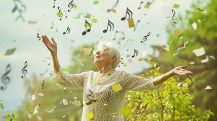 A senior woman basks in golden sunset light, her smile bright as she's surrounded by a symphony of...