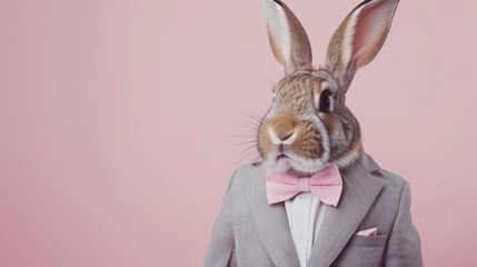 A sophisticated rabbit, posed in a light grey suit with a pastel bow tie, presents a dashing image of charm against a soft pink backdrop, merging the animal kingdom with the elegance of high society.