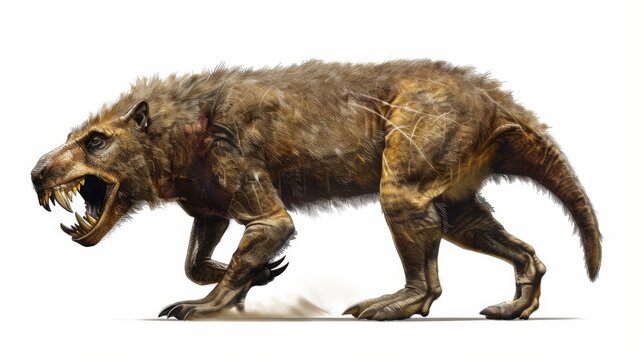 This illustration of Andrewsarchus Mongoliensis presents the might of the Eocene's largest terrestrial predatory mammal, with its powerful jaw open in a dynamic stance.