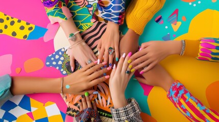 A kaleidoscope of color bursts forth from an array of hands, each nail adorned with bold and creative art, symbolizing the joy of self-expression and the artistry of nail design.