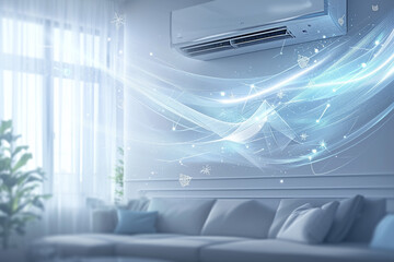 The air conditioner provides a cool breeze from the summer heat through the walls of the modern and luxurious living room. The concept of building equipment that guarantees a comfortable life. - obrazy, fototapety, plakaty