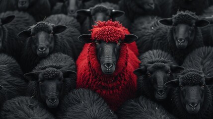 Stand out in a crowd - one red sheep among many black