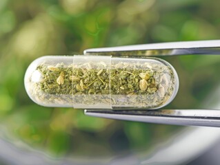 Close-up of Herbal Supplement Capsule with Cannabis. A macro view of a natural herbal supplement capsule, filled with ground cannabis, symbolizing the convergence of nature and health innovation.