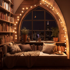 A cozy reading nook with warm lighting.