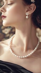 Profile of an elegant woman adorned with a timeless pearl necklace and refined makeup, exuding classic beauty and sophistication.