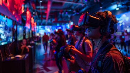 A gamer fully immersed in a VR tournament at an illuminated arcade, with controllers in hand, stands poised amidst the competitive atmosphere of virtual gameplay. - obrazy, fototapety, plakaty