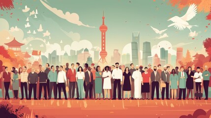 An illustration that portrays a diverse urban population standing together in harmony against a vibrant cityscape backdrop, symbolizing societal diversity and coexistence.