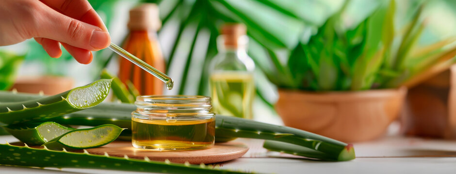 Extracting aloe vera essence with a dropper, conveying natural skincare and organic beauty. Cosmetic spa treatments and skin care products. Alloe cure. Banner. Copy space