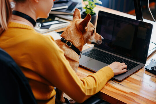 Girl with a dog on her lap sits at a table and works at a laptop online. Remote work from home.