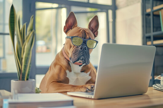 Bulldog dog with glasses sits at a table and works on a laptop in a modern interior. Remote work from home.