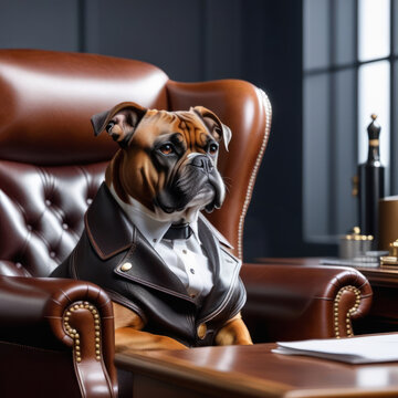 Bulldog dog in clothes sits in a leather chair.