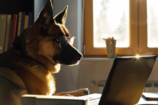 Shepherd dog with glasses sits at a table and works on a laptop. Remote work from home.