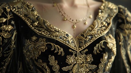 Black evening gown with gold embroidery, dim light, full length, classic glamour