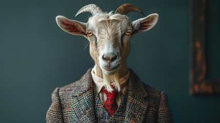 Sophisticated goat portrait in tweed jacket - obrazy, fototapety, plakaty