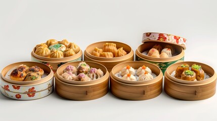 respectively placed siu mai, steamed bun, dumplings, wonton, steaming - obrazy, fototapety, plakaty