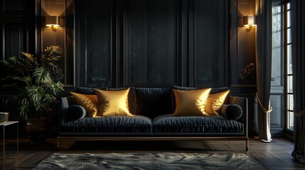 Black therapy couch with gold throw pillow, ambient light, inviting comfort - obrazy, fototapety, plakaty