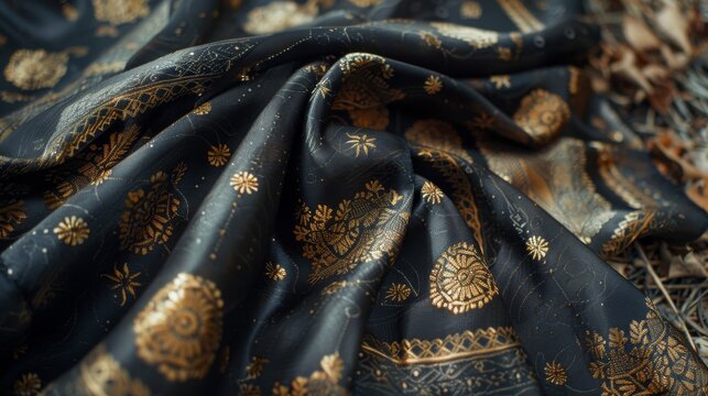 Black silk scarf with gold print, daylight, draped, timeless style