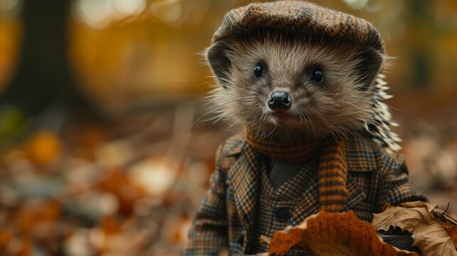 Whimsical hedgehog in autumn attire