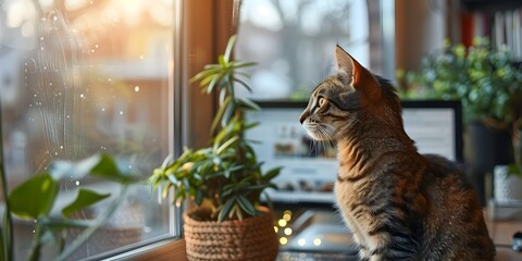 Tabby Cat Peacefully Observing Through Window in Cozy Home Interior with Houseplants and Natural Sunlight