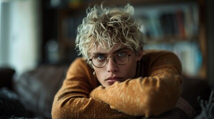 Fototapeta premium Disheveled teenager with glasses, look sharp.