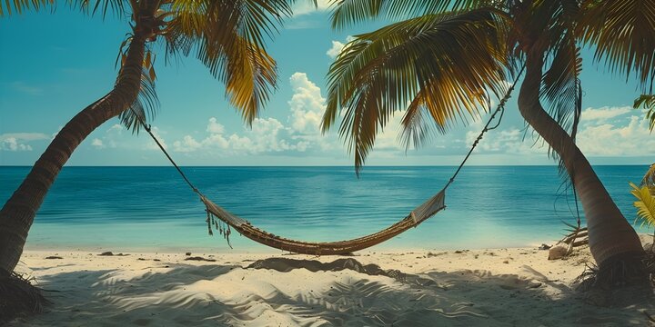 Tranquil Tropical Oasis with Swaying Hammock overlooking Turquoise Sea and Palm Trees