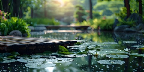 Tranquil Pond with Lily Pads and Wooden Dock for Peaceful Contemplation