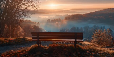 Serene Bench Overlooking Misty Mountain Valley at Dawning or Dusk with Warm Natural Lighting and Picturesque Scenery
