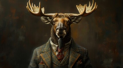 Artistic portrayal of a moose head on a human body, elegantly dressed in a suit - obrazy, fototapety, plakaty