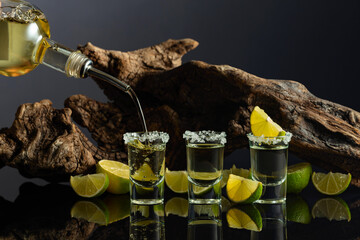 Gold tequila with sea salt and lime slices on a background of old snag.