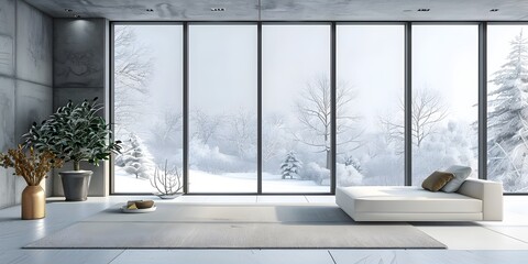 Minimalist Scandinavian Style Interior with Snow Covered Landscape Visible Through Large Windows