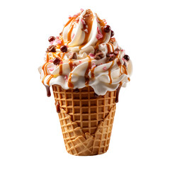 Ice cream scoop on waffle cone on transparent background PNG, ice-cream vanilla ball, icecream chocolate, strawberry dessert, summer, cool, generative AI
