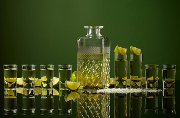 Tequila shots with lime slices and salt on a green background.