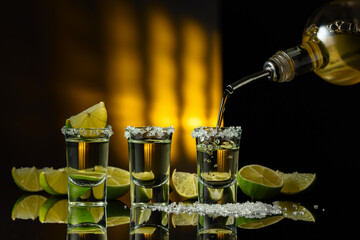 Gold tequila with sea salt and lime slices on a black reflective background.