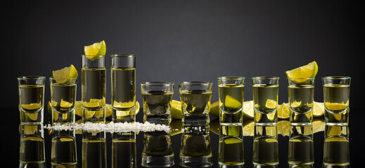 Tequila shots with lime slices and salt on a black reflective background.
