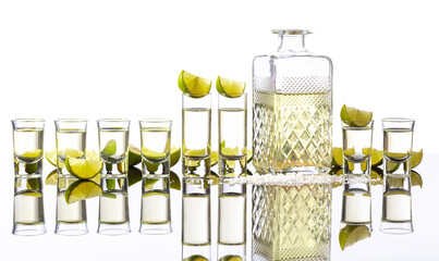 Tequila shots with lime slices and salt isolated on white.