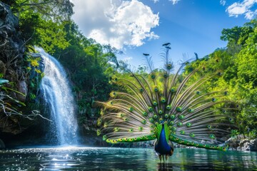 A peacock stands near a waterfall in a lush ecoregion - Powered by Adobe
