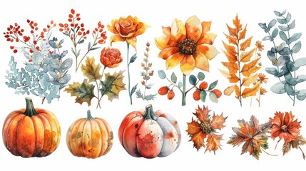 Celebrate the seasons with watercolor clipart of seasonal elements like snowflakes, flowers, and pumpkins