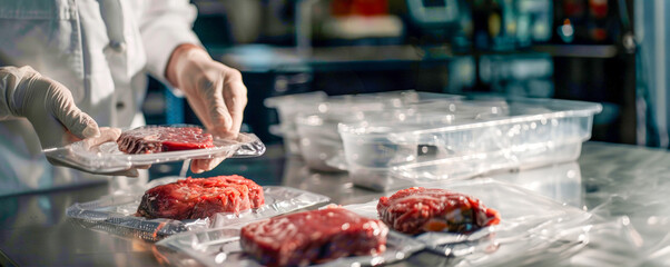 Close-up of a chef in a professional kitchen carefully plating raw steak with precision, focusing on presentation and quality. Organic meat. Proper nutrition. Banner. Copy space - Powered by Adobe
