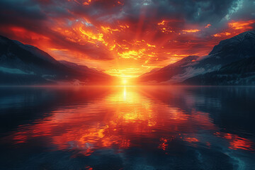 A tranquil lake reflecting the fiery hues of a sunset, its surface ablaze with the colors of dusk....