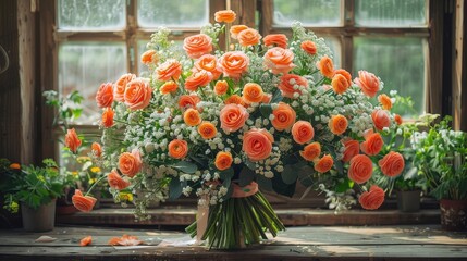 Fototapeta na wymiar A window sill displays a bouquet of orange and white flowers amongst potted plants