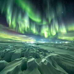 Aurora Australis from a snowy plateau, wide angle, curtains of light over a crystalline landscape, polar magic , Close-up - obrazy, fototapety, plakaty