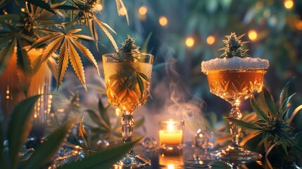 Elegant cannabis cocktail setup, crystal glassware, evening glow - obrazy, fototapety, plakaty