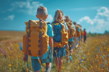 Joyful children with backpacks on a school field trip, vibrant childhood lifestyle captured in 8K, happiness and camaraderie , 8K , high-resolution, ultra HD,up32K HD - obrazy, fototapety, plakaty