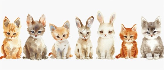 Fototapeta premium Enhance your designs with watercolor clipart of adorable baby animals like puppies, kittens, and bunnies