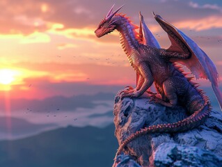 Fantasy dragon perched atop mountain, sunrise, vivid colors, digital art style