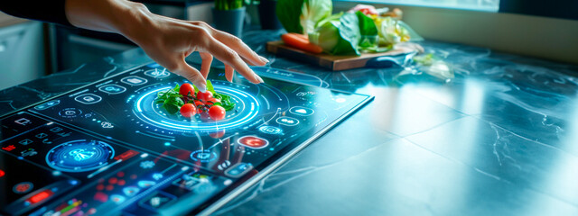 Amidst futuristic kitchen tech, a hand selects tomatoes and basil on a smart device. This scene showcases the marriage of culinary innovation and fresh ingredients. Banner. Copy space