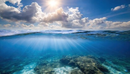  Blue sea or ocean water surface and underwater with sunny and cloudy sky
