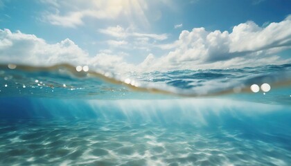  Blue sea or ocean water surface and underwater with sunny and cloudy sky